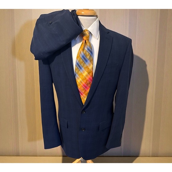 Ryan Seacrest 2 Piece Suit Men Sz 40L Jacket Pants 32 x‎ 30 Blue Plaid Blazer